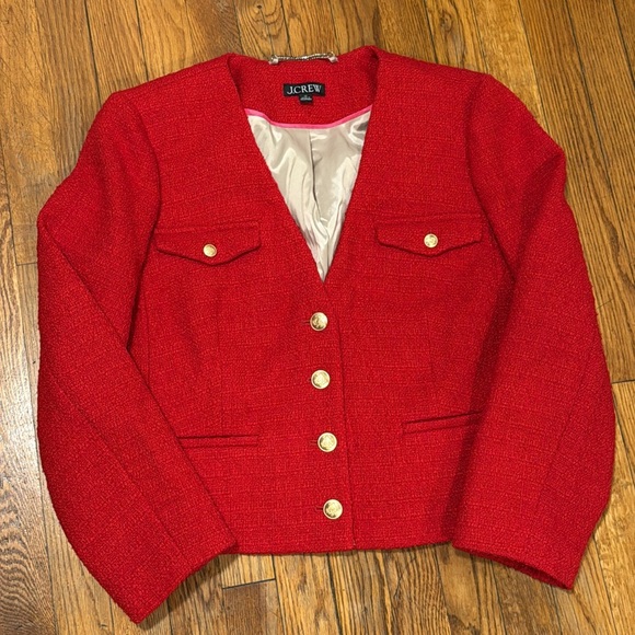 J. Crew V-neck Lady Jacket in Maritime Tweed red festive size 16 gold button - Picture 2 of 7